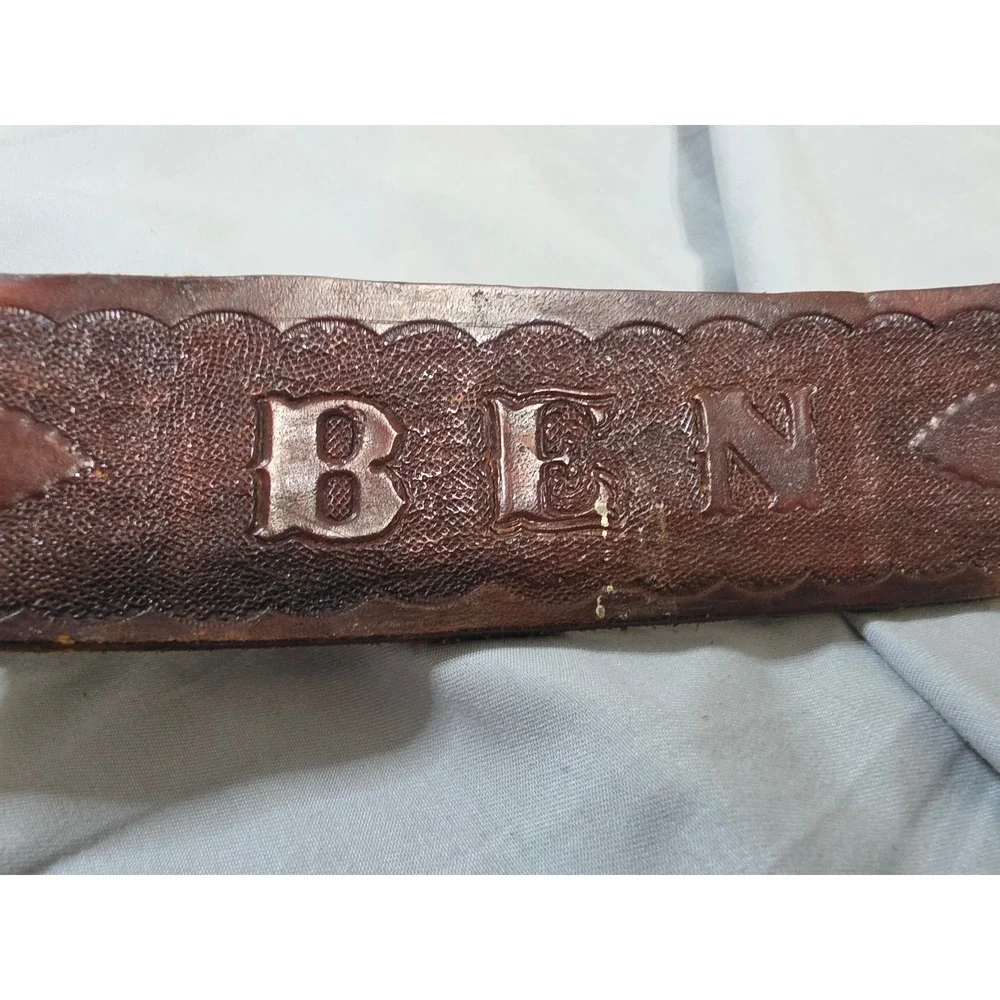 Vintage Award Design Medals Solid Brass Cowboy Buckle Hand Tooled Leather Belt